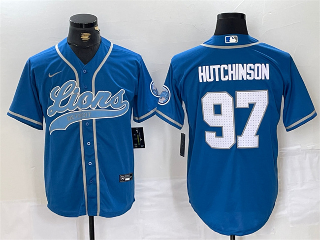 Men's Detroit Lions #97 Aidan Hutchinson Blue Cool Base Stitched Baseball Jersey